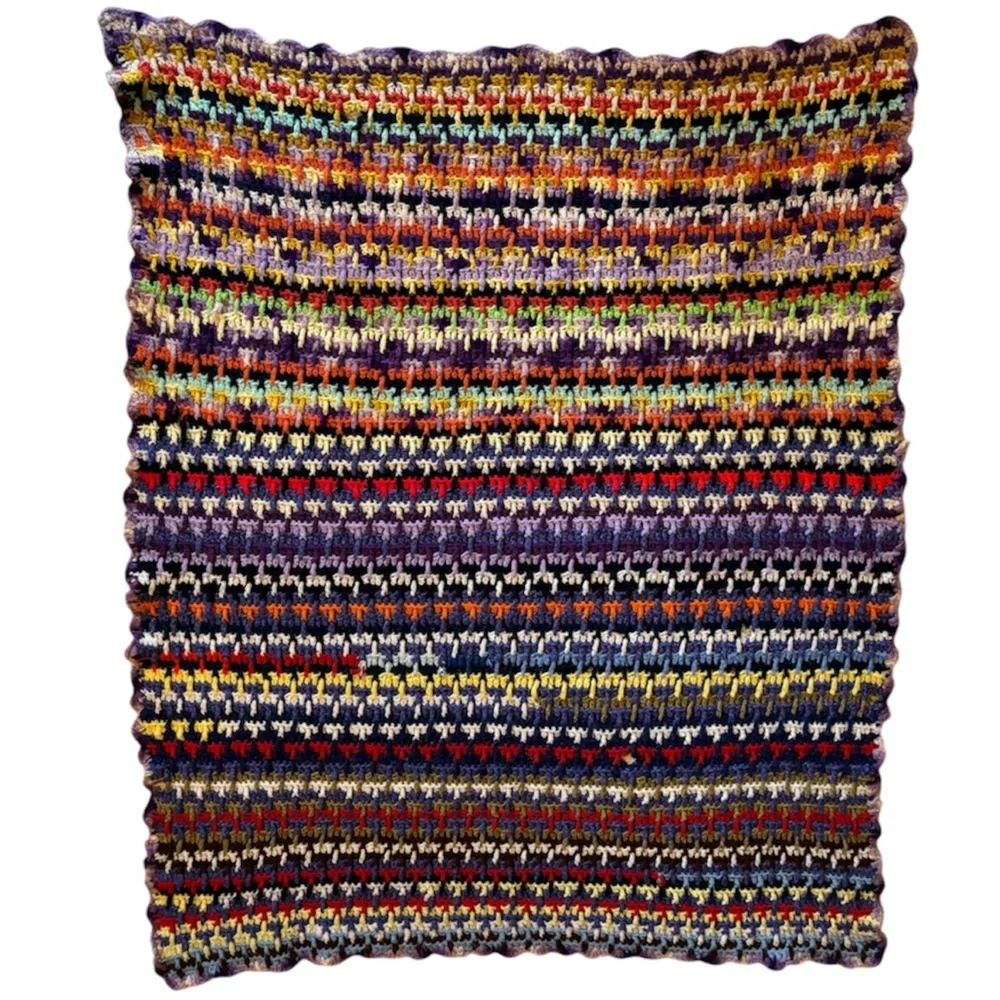Rare Vintage 60s 70s Multicolor Crochet Afghan Psychedelic Scrappy Blanket Quilt